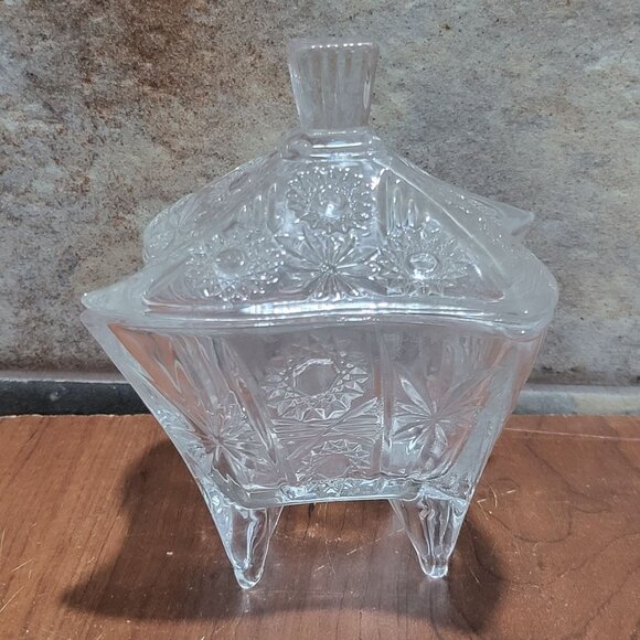 Other - Vintage Swirl Square Cut Glass Lidded Footed Candy Jar Trinket Dish